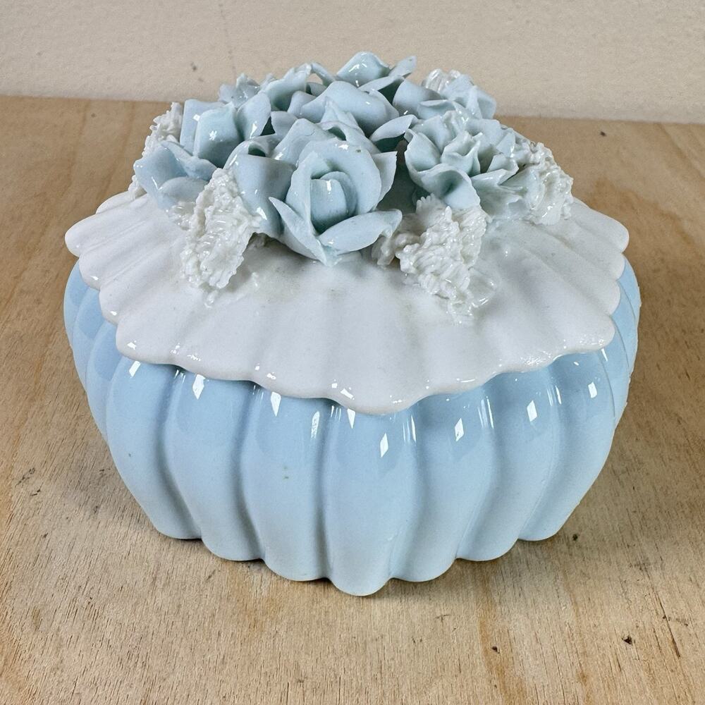 I.W. RICE Japan Porcelain Trinket Jewelry Box White Blue Flowers Octagonal